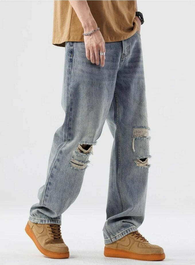 Light Wash Distressed Knee Jeans - Y2K Fashion, Grunge Aesthetic Style