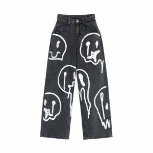 Melting Smiley Print Y2K Jeans - Cute Grunge Aesthetic Outfit Essential