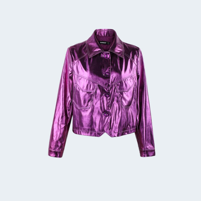 Metallic Fuchsia Faux Leather Jacket - Y2K Fashion Statement Piece