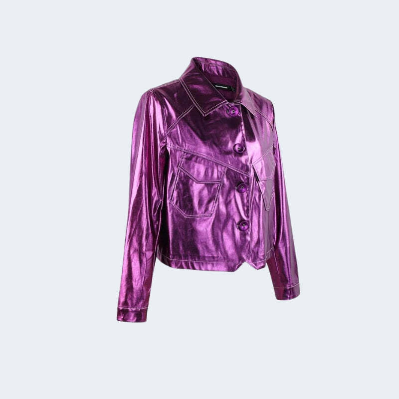 Metallic Fuchsia Faux Leather Jacket - Y2K Fashion Statement Piece