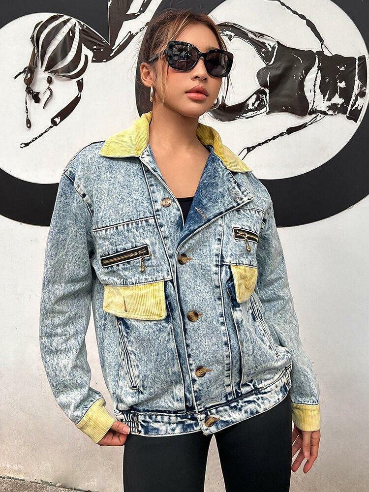 Mid Wash Patchwork Denim Jacket - Y2K Fashion & Grunge Aesthetic Style