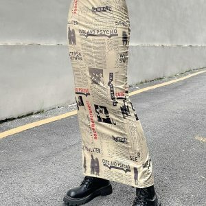 Newspaper Printed Maxi Skirt - Y2K Fashion with Grunge Aesthetic Vibes