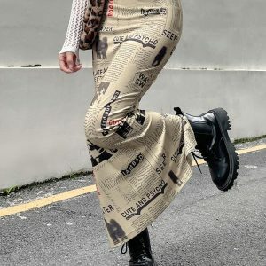 Newspaper Printed Maxi Skirt - Y2K Fashion with Grunge Aesthetic Vibes