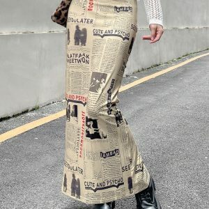 Newspaper Printed Maxi Skirt - Y2K Fashion with Grunge Aesthetic Vibes