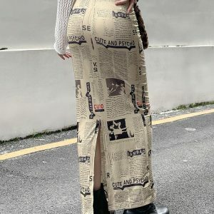 Newspaper Printed Maxi Skirt - Y2K Fashion with Grunge Aesthetic Vibes