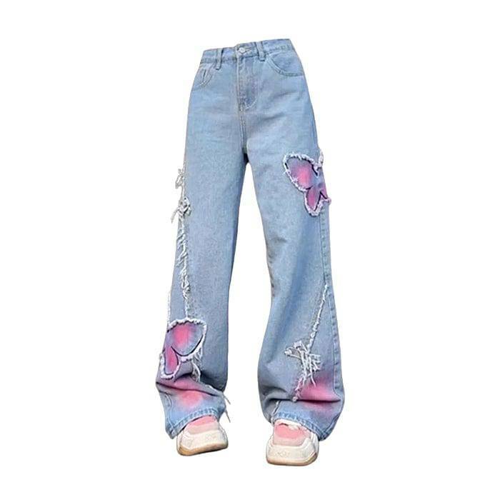 Pastel Butterfly Wide Leg Jeans - Y2K Fashion, Grunge Aesthetic, Cute Tops