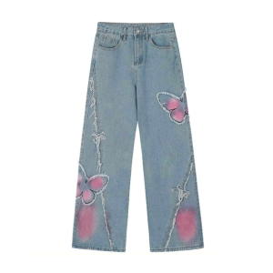 Pastel Butterfly Wide Leg Jeans - Y2K Fashion, Grunge Aesthetic, Cute Tops