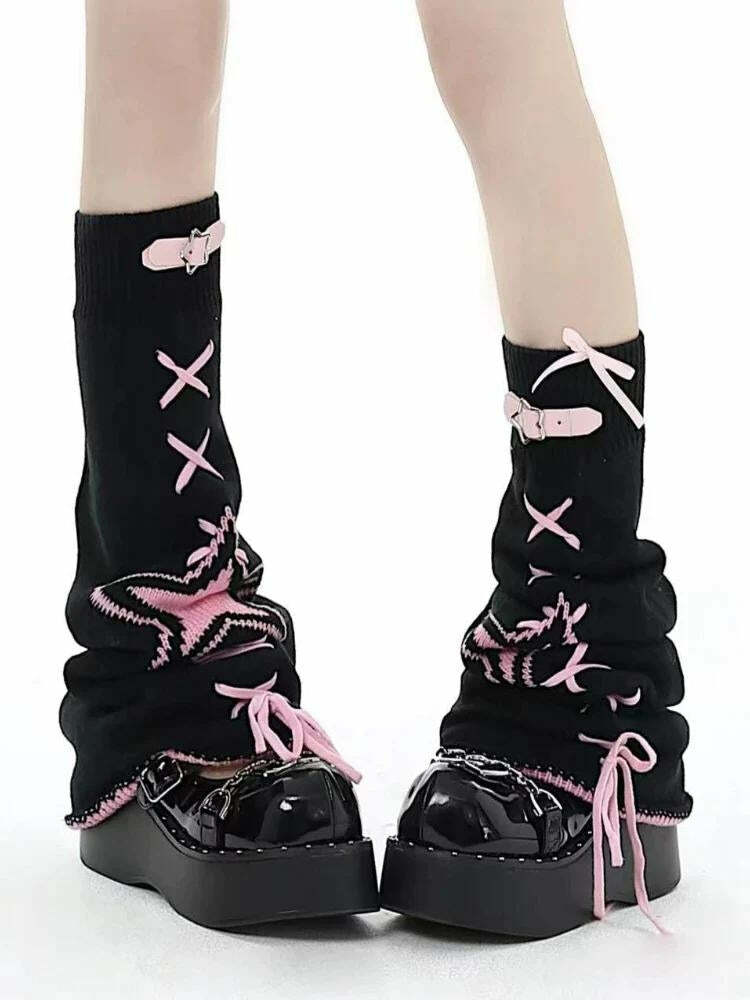 Pastel Goth Lace-Up Belted Leg Warmers for Y2K Fashion & Aesthetic Outfits