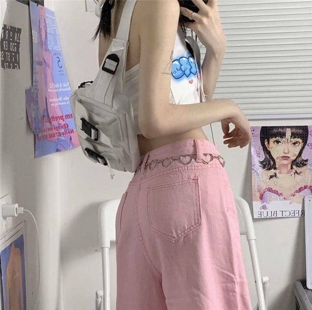 Pastel Pink Baggy Pants - Y2K Fashion, Grunge Aesthetic, Cute Tops