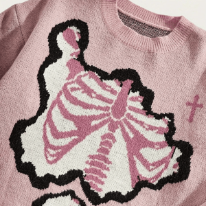 Pastel Pink Skeleton Sweater - Y2K Aesthetic Cute Top for Grunge Style