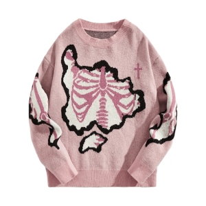 Pastel Pink Skeleton Sweater - Y2K Aesthetic Cute Top for Grunge Style