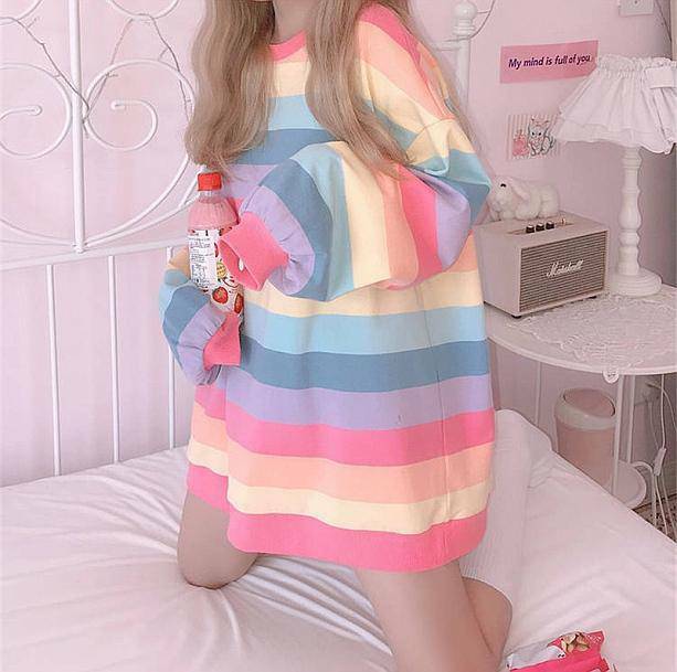 Pastel Rainbow Y2K Sweatshirt - Cute Coquette & Grunge Aesthetic Top