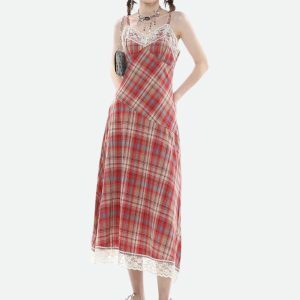 Plaid Lace Midi Dress - Y2K Fashion with Coquette & Grunge Aesthetic