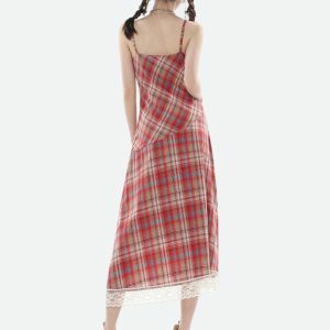 Plaid Lace Midi Dress - Y2K Fashion with Coquette & Grunge Aesthetic