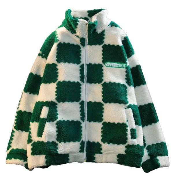 Plush Checkered Jacket - Y2K Fashion Essential for Grunge & Coquette Aesthetic