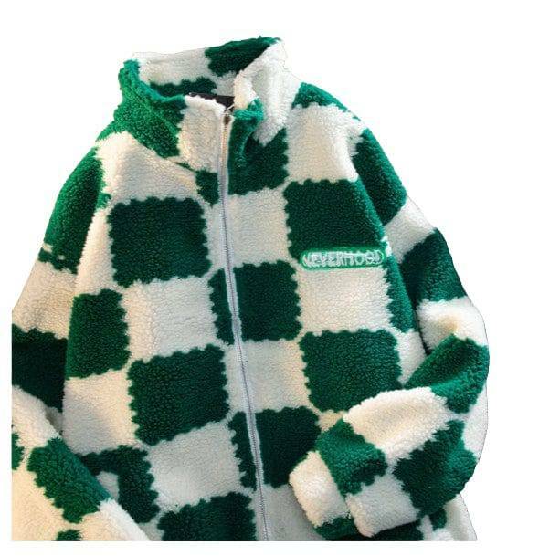 Plush Checkered Jacket - Y2K Fashion Essential for Grunge & Coquette Aesthetic