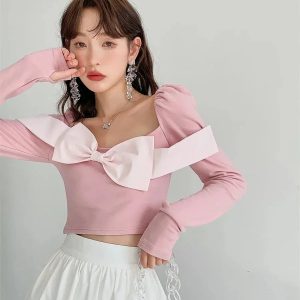 Puff Shoulder Bow Crop Top - Y2K Fashion, Coquette Aesthetic, Cute Tops