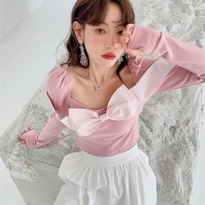 Puff Shoulder Bow Crop Top - Y2K Fashion, Coquette Aesthetic, Cute Tops