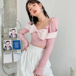 Puff Shoulder Bow Crop Top - Y2K Fashion, Coquette Aesthetic, Cute Tops