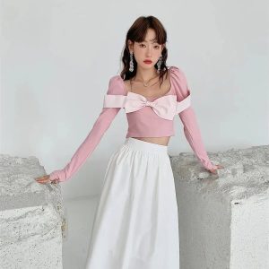 Puff Shoulder Bow Crop Top - Y2K Fashion, Coquette Aesthetic, Cute Tops