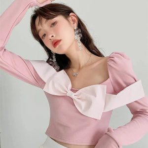 Puff Shoulder Bow Crop Top - Y2K Fashion, Coquette Aesthetic, Cute Tops