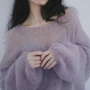 Puff Sleeve Mesh Knit Sweater - Y2K Fashion Cute Top for Aesthetic Looks