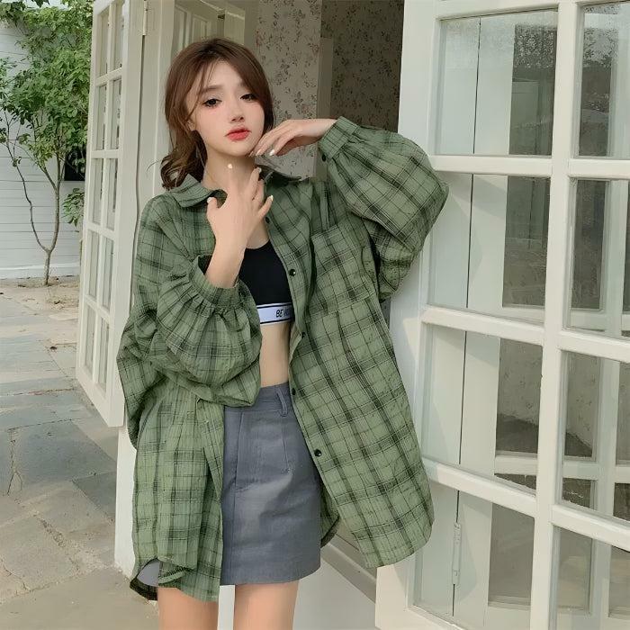 Puff Sleeve Plaid Top - Y2K Fashion, Grunge Aesthetic, Cute Tops