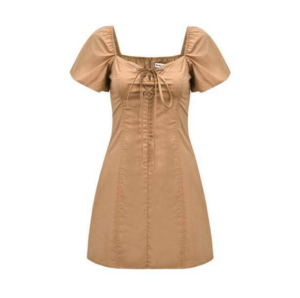 Puffy Sleeves Brown Mini Dress - Y2K Fashion with Coquette Aesthetic