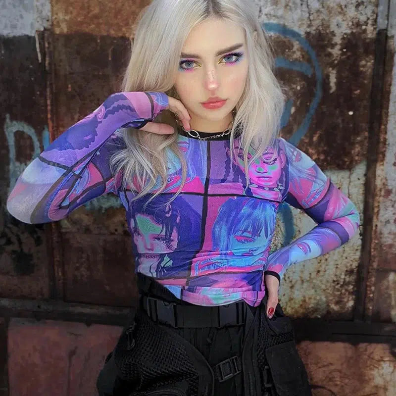 Punk Girls Y2K Mesh Top - Grunge Aesthetic Cute Tops for Trendy Outfits