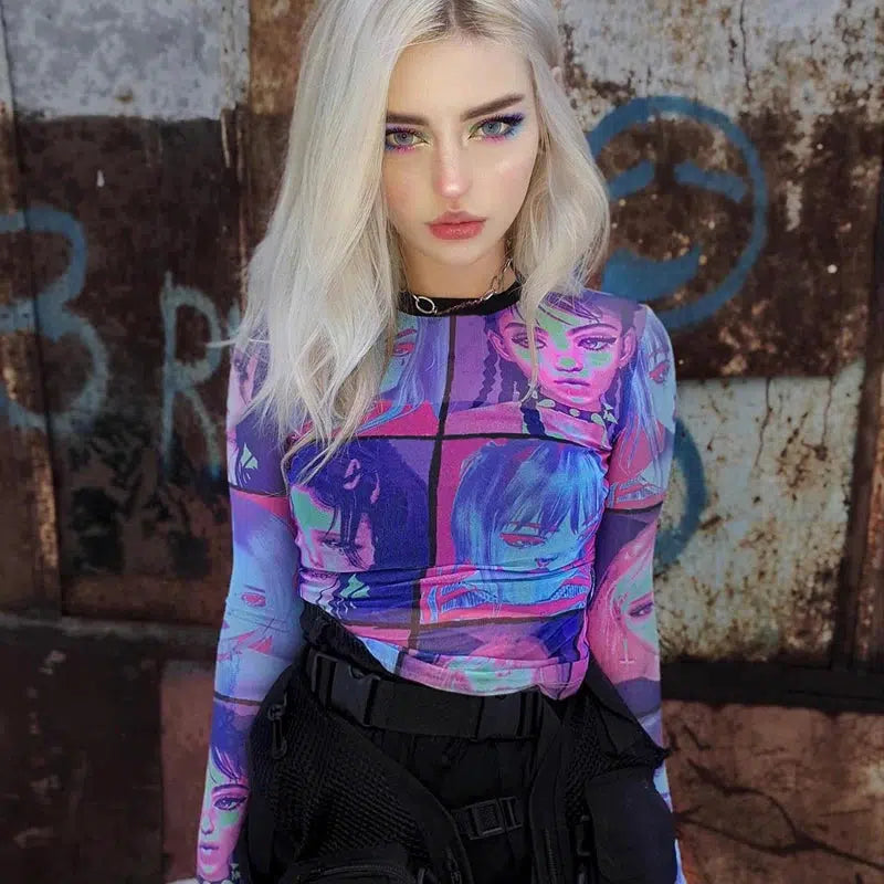 Punk Girls Y2K Mesh Top - Grunge Aesthetic Cute Tops for Trendy Outfits