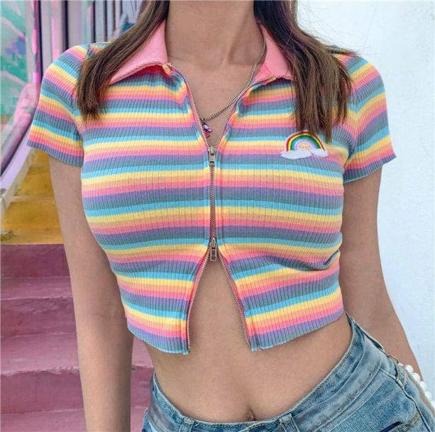 Rainbow Zipper Up Top - Y2K Fashion, Cute Tops, Coquette Aesthetic