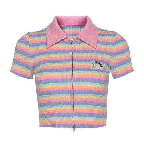 Rainbow Zipper Up Top - Y2K Fashion, Cute Tops, Coquette Aesthetic