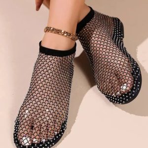 Rhinestone Fishnet Ballerina Flats - Y2K Fashion & Coquette Aesthetic