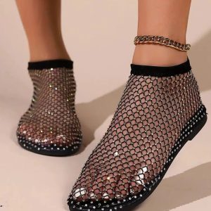 Rhinestone Fishnet Ballerina Flats - Y2K Fashion & Coquette Aesthetic