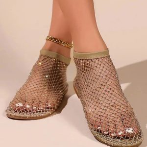 Rhinestone Fishnet Ballerina Flats - Y2K Fashion & Coquette Aesthetic