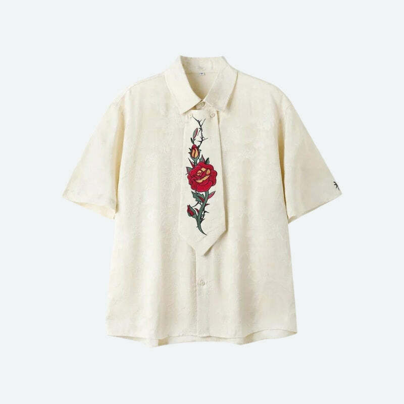 Rose Embroidery Tie Shirt - Y2K Fashion Cute Top for Coquette Aesthetic