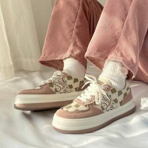 Rosy Plaid Sneakers: Y2K Fashion Meets Coquette Aesthetic & Grunge Style