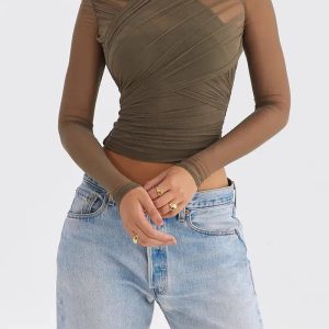 Ruched Sheer Zip-Up Mesh Top - Y2K Fashion & Coquette Aesthetic