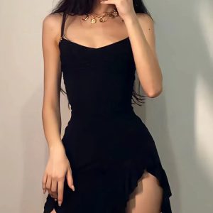 Ruffled Slit Bodycon Mini Dress - Y2K Fashion & Coquette Aesthetic