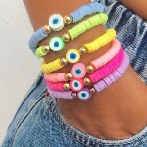 Set of 6 Y2K Evil Eye Bracelets - Cute Pastel Goth & Grunge Aesthetic