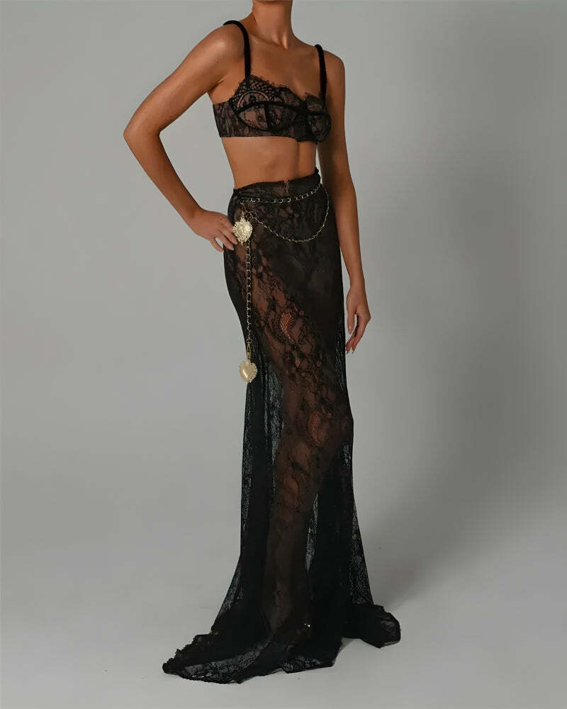 Sheer Lace Y2K Two-Piece Set for Coquette & Grunge Aesthetic Styles