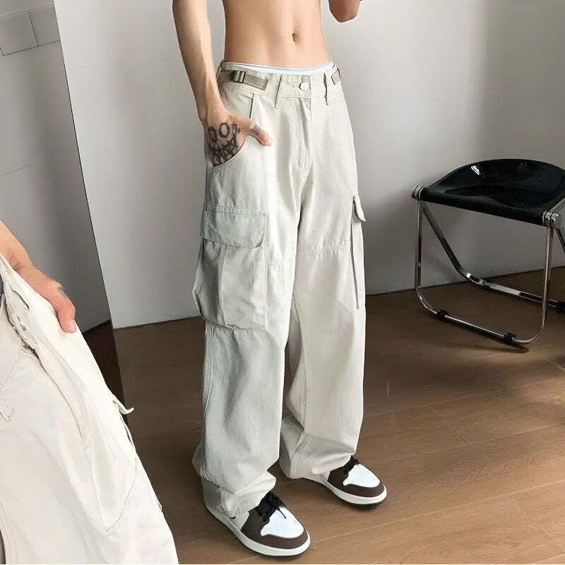 Side Belt Detailed Baggy Cargo Pants - Y2K Fashion & Grunge Aesthetic