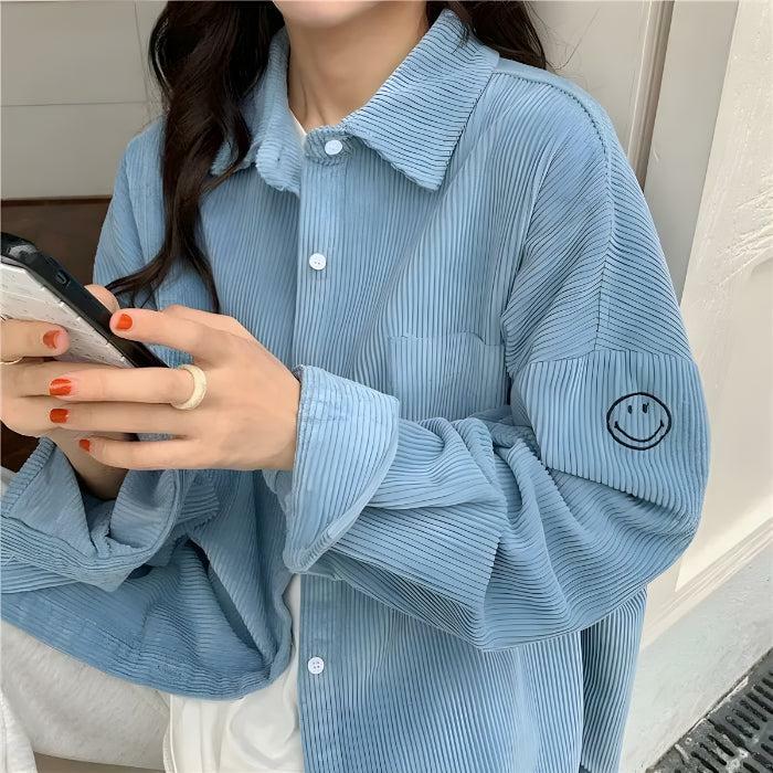 Smiley Embroidered Corduroy Shirt - Y2K Fashion Cute Top for Aesthetic Looks