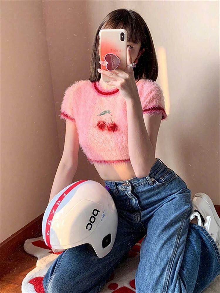 Soft Girl Cherry Fluffy Crop Top - Y2K Aesthetic Cute Top for Grunge Style