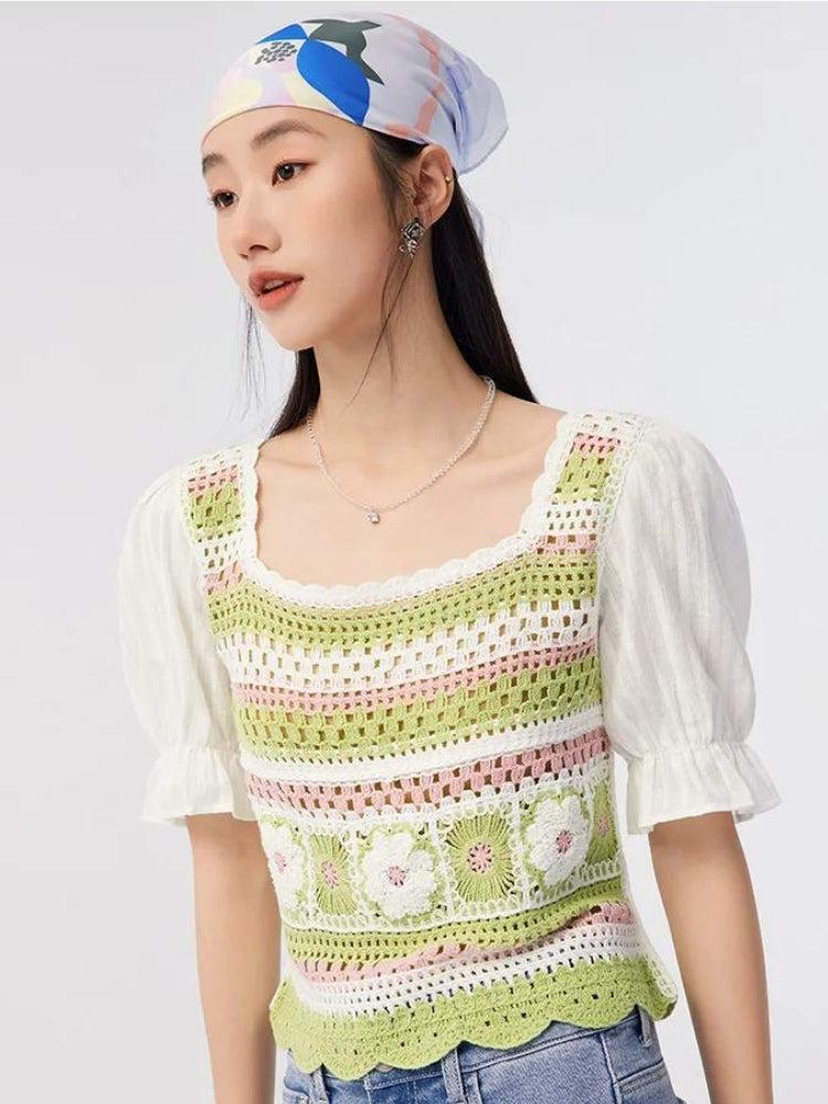 Soft Girl Floral Hollow Out Knitted Top - Y2K Aesthetic Cute Top