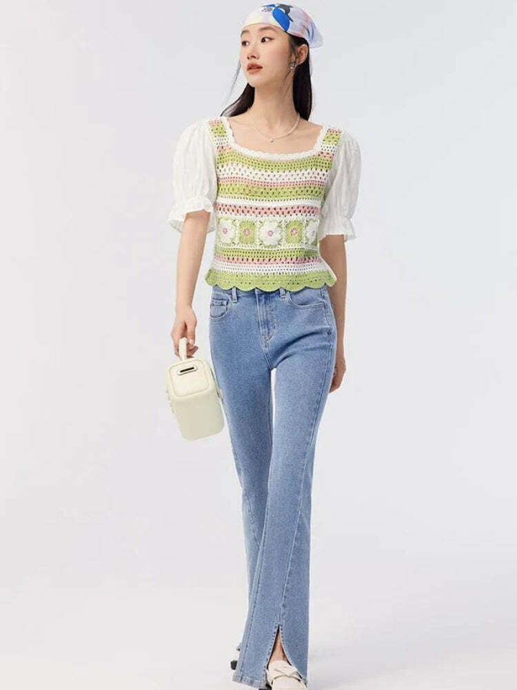 Soft Girl Floral Hollow Out Knitted Top - Y2K Aesthetic Cute Top