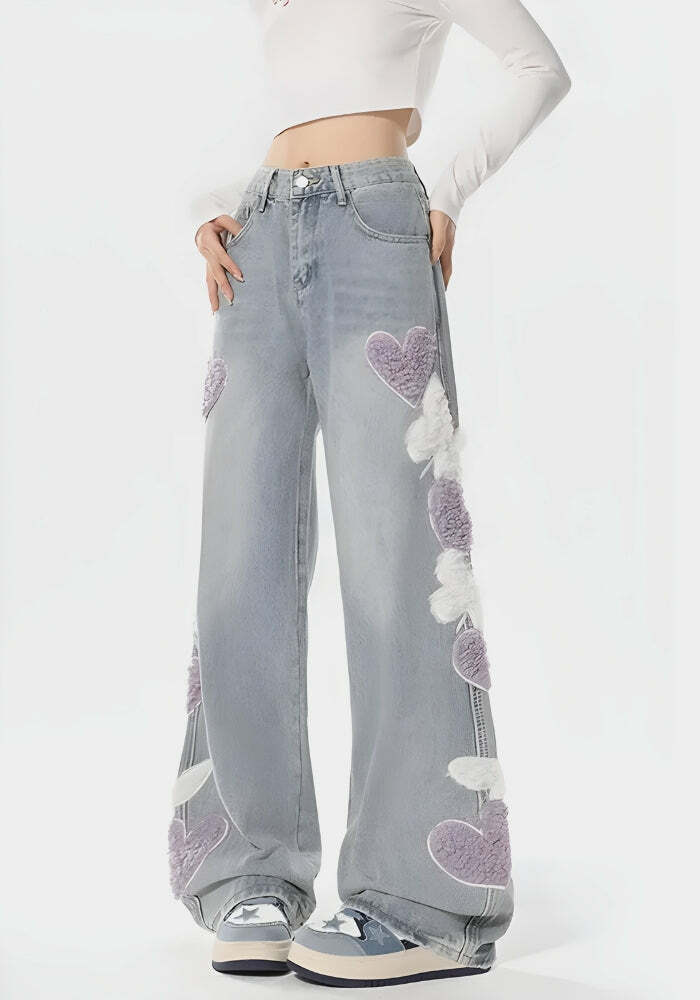 Soft Girl Fluffy Heart Butterfly Jeans - Y2K Aesthetic Cute Tops