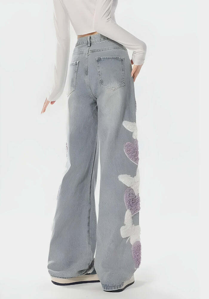 Soft Girl Fluffy Heart Butterfly Jeans - Y2K Aesthetic Cute Tops