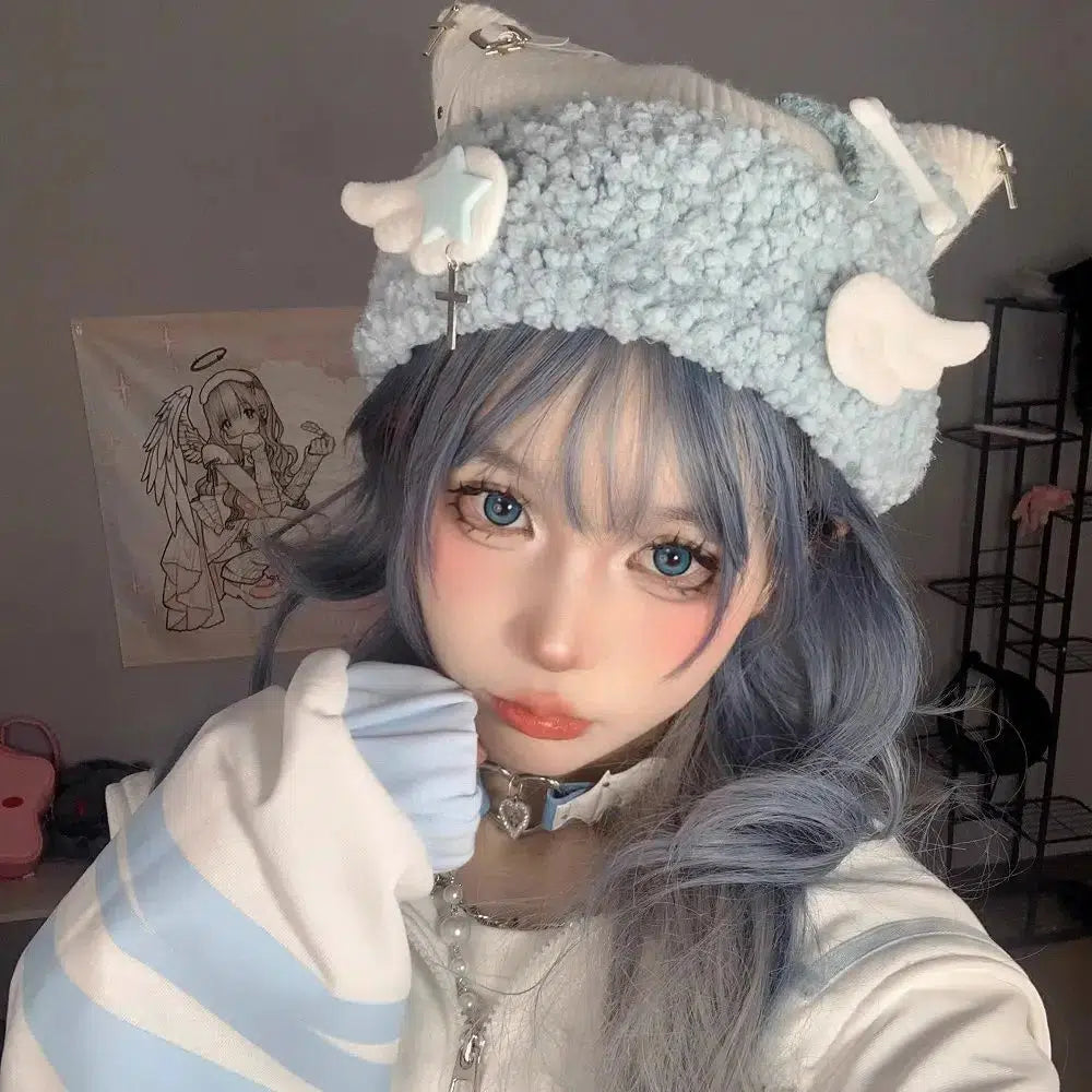 Soft Girl Kawaii Wings Knitted Beanie - Y2K Aesthetic Cute Accessory