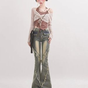 Soft Grunge Tasseled Flare Jeans - Y2K Fashion & Aesthetic Outfits